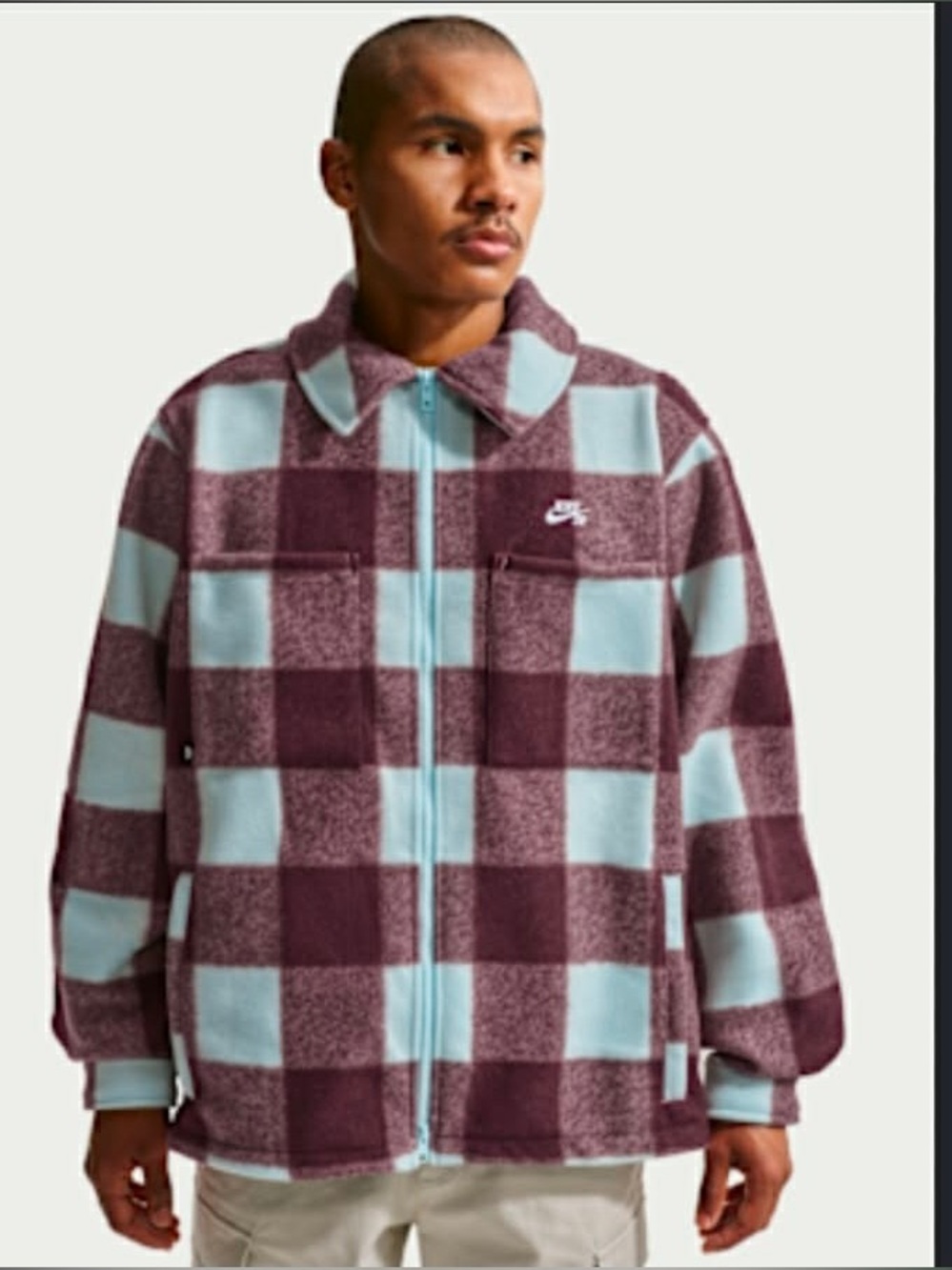 Nike SB Essential Skate Shirt Jacket - Blue and Brown Plaid Pattern - LARGE
